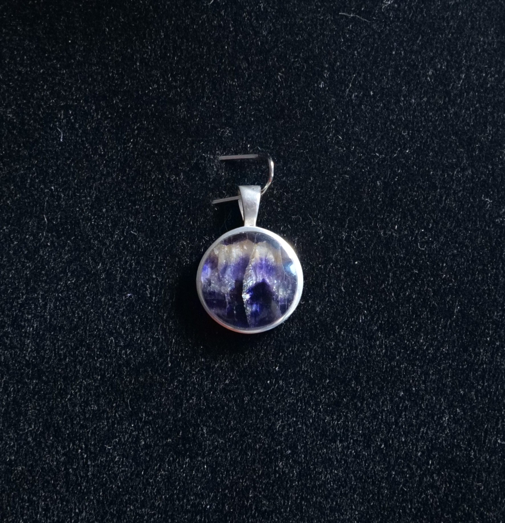 Small Round Blue John Pendant with solid silver back