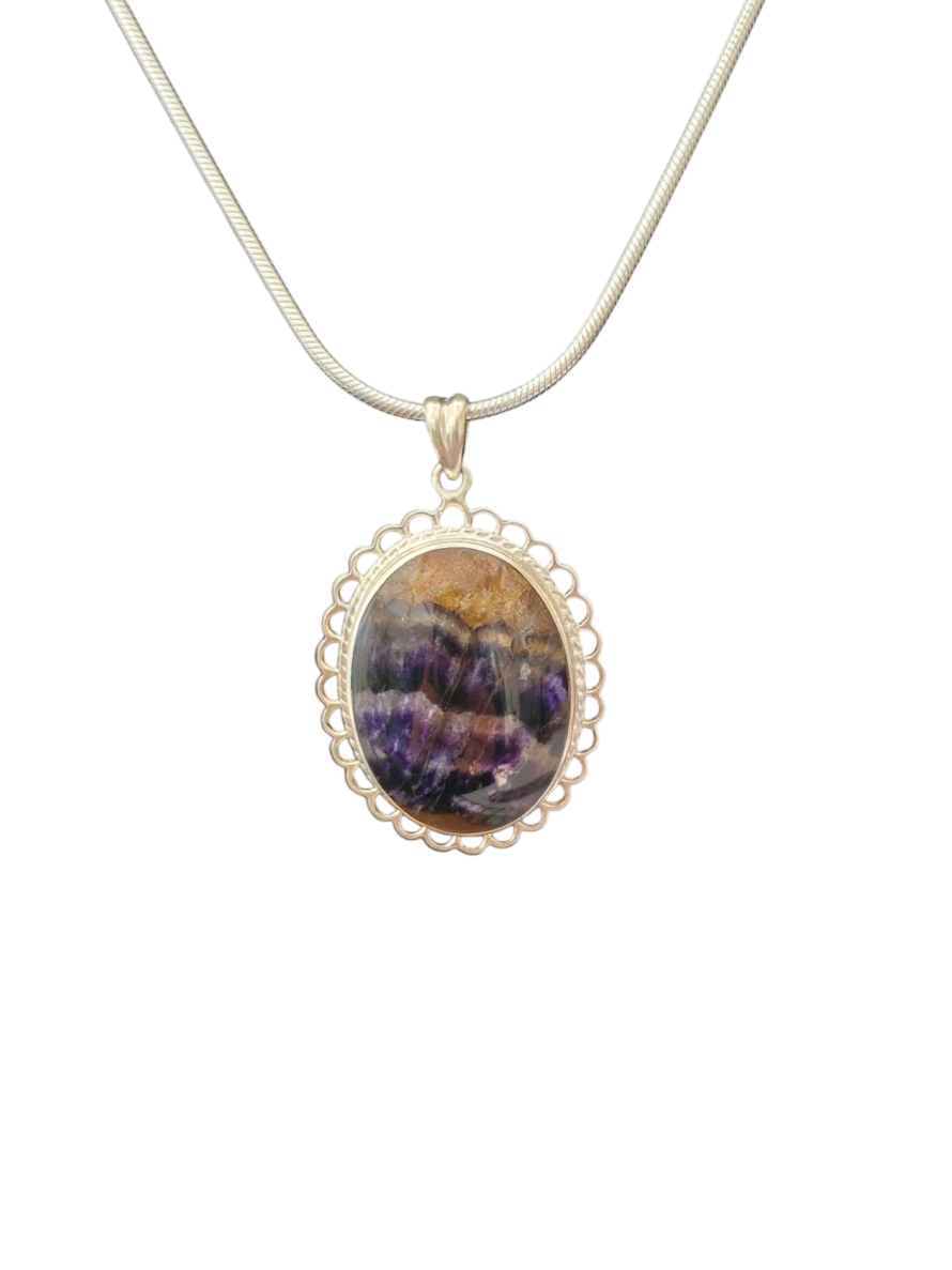 Medium Oval Blue John Pendant with Loop and Rope Edge