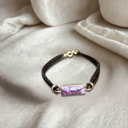 Blue John and Sterling Silver Rectangle Leather Bracelet