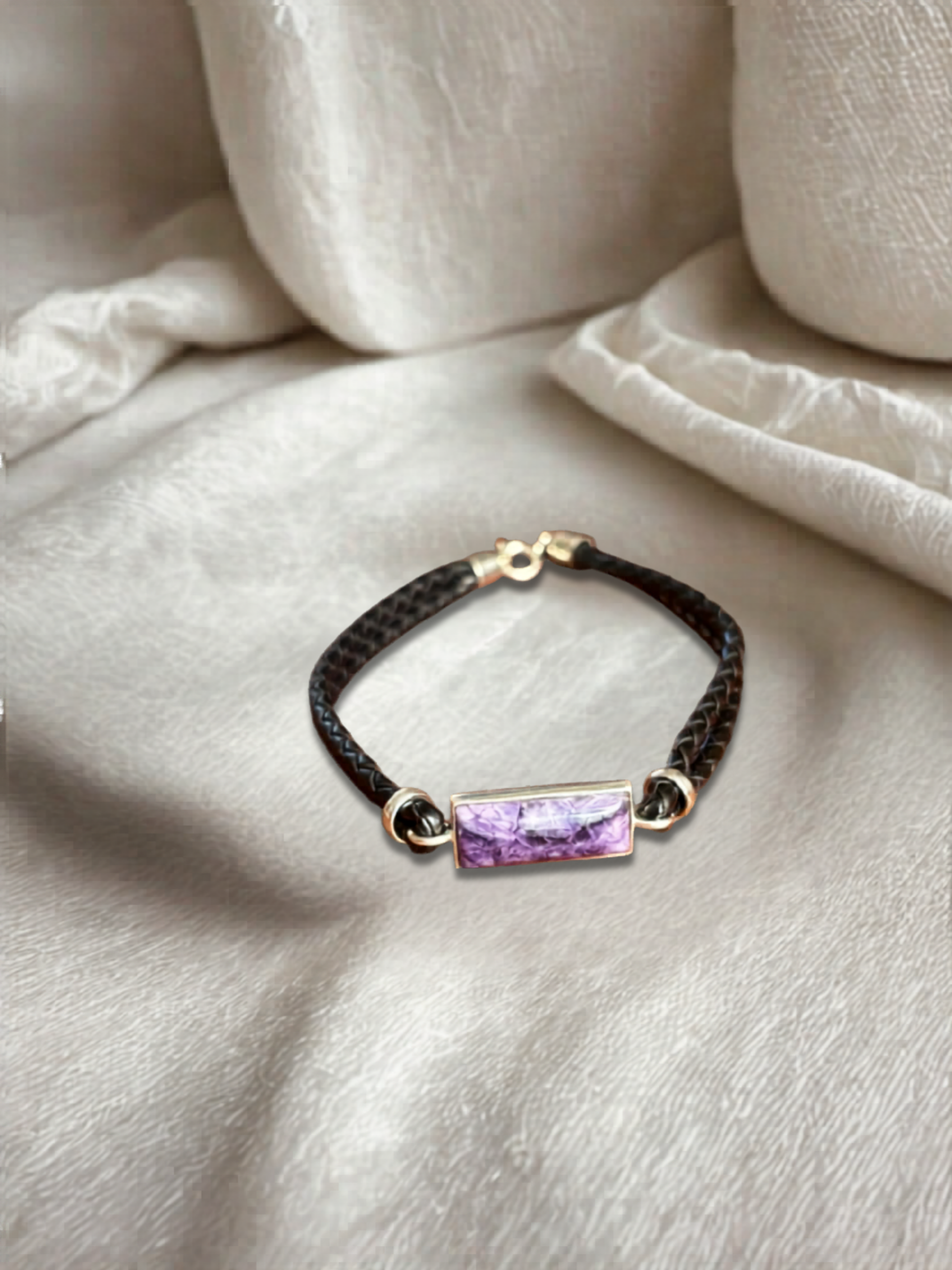 Blue John and Sterling Silver Rectangle Leather Bracelet