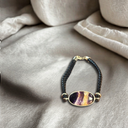 Blue John and Sterling Silver Oval Leather Bracelet