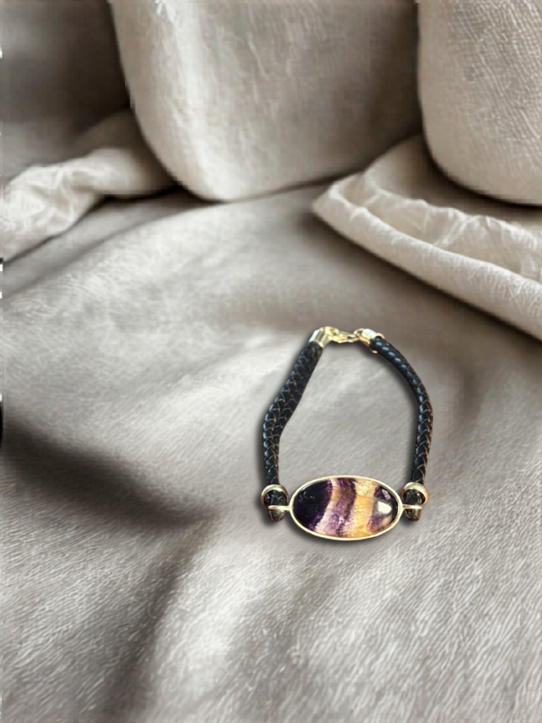Blue John and Sterling Silver Oval Leather Bracelet