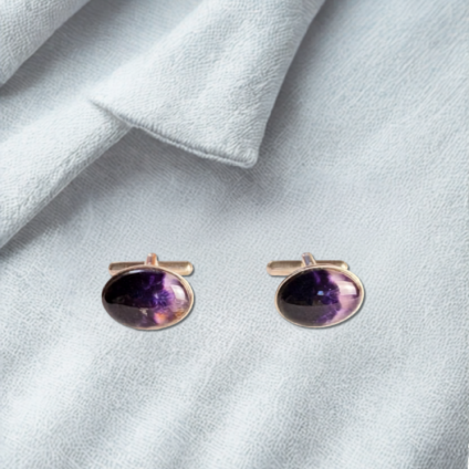 Plain Oval Sterling Silver and Blue John Cufflinks