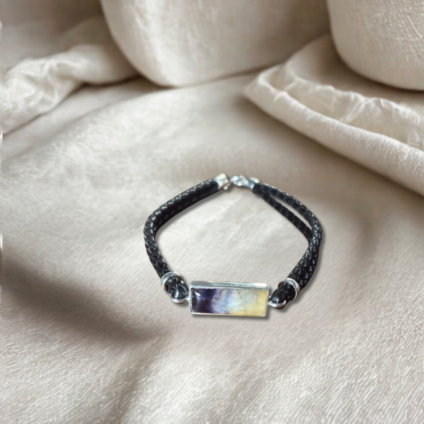 Blue John and Sterling Silver Rectangle Leather Bracelet