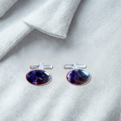 Plain Oval Sterling Silver and Blue John Cufflinks