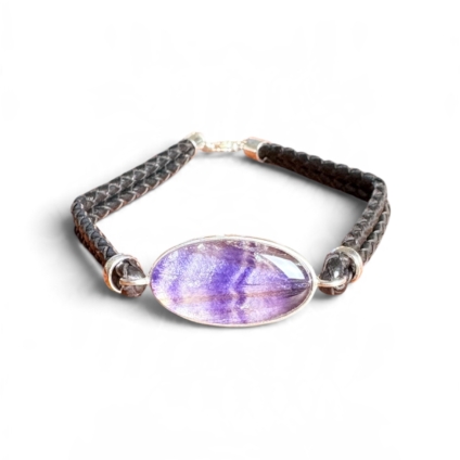 Blue John and Sterling Silver Oval Leather Bracelet