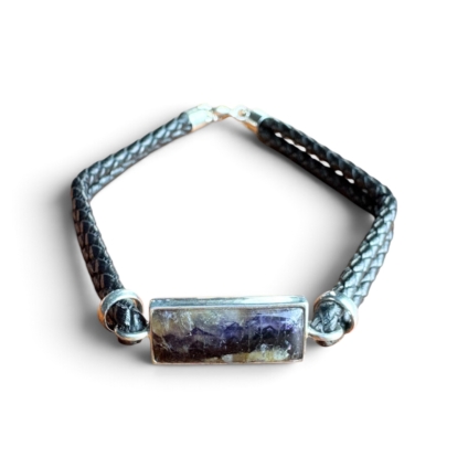 Blue John and Sterling Silver Rectangle Leather Bracelet