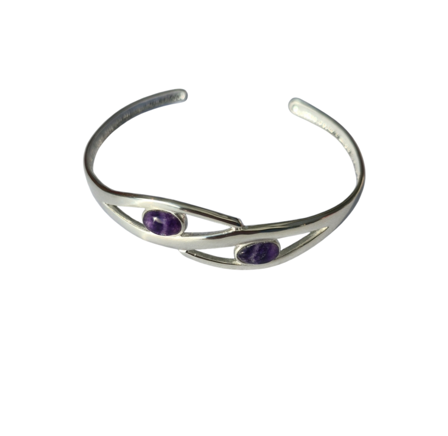 Sterling Silver and Blue John 2 Stone Bangle