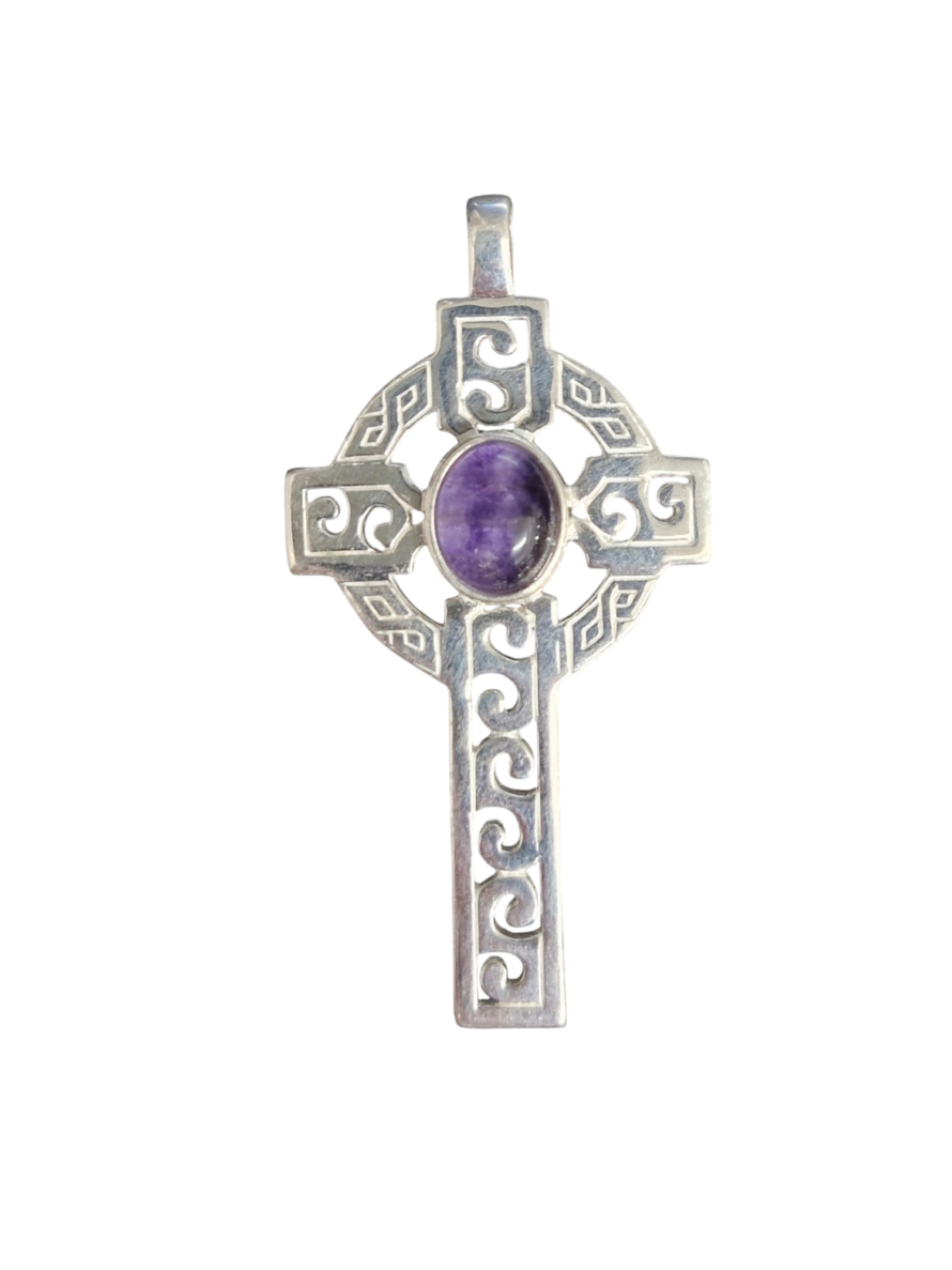 Large Sterling Silver and Blue John Celtic Cross