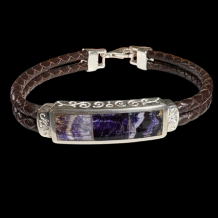 Blue John and Sterling Silver Brown Leather Bracelet