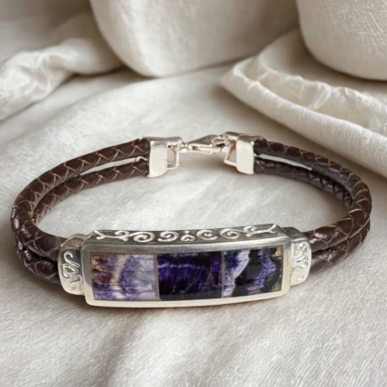 Blue John and Sterling Silver Brown Leather Bracelet