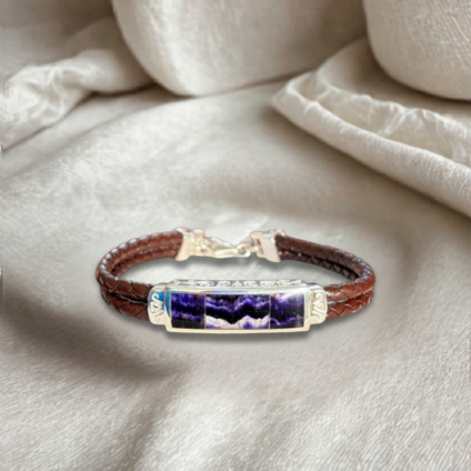Blue John and Sterling Silver Brown Leather Bracelet