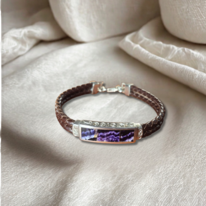 Blue John and Sterling Silver Brown Leather Bracelet
