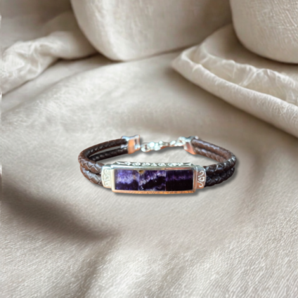 Blue John and Sterling Silver Brown Leather Bracelet