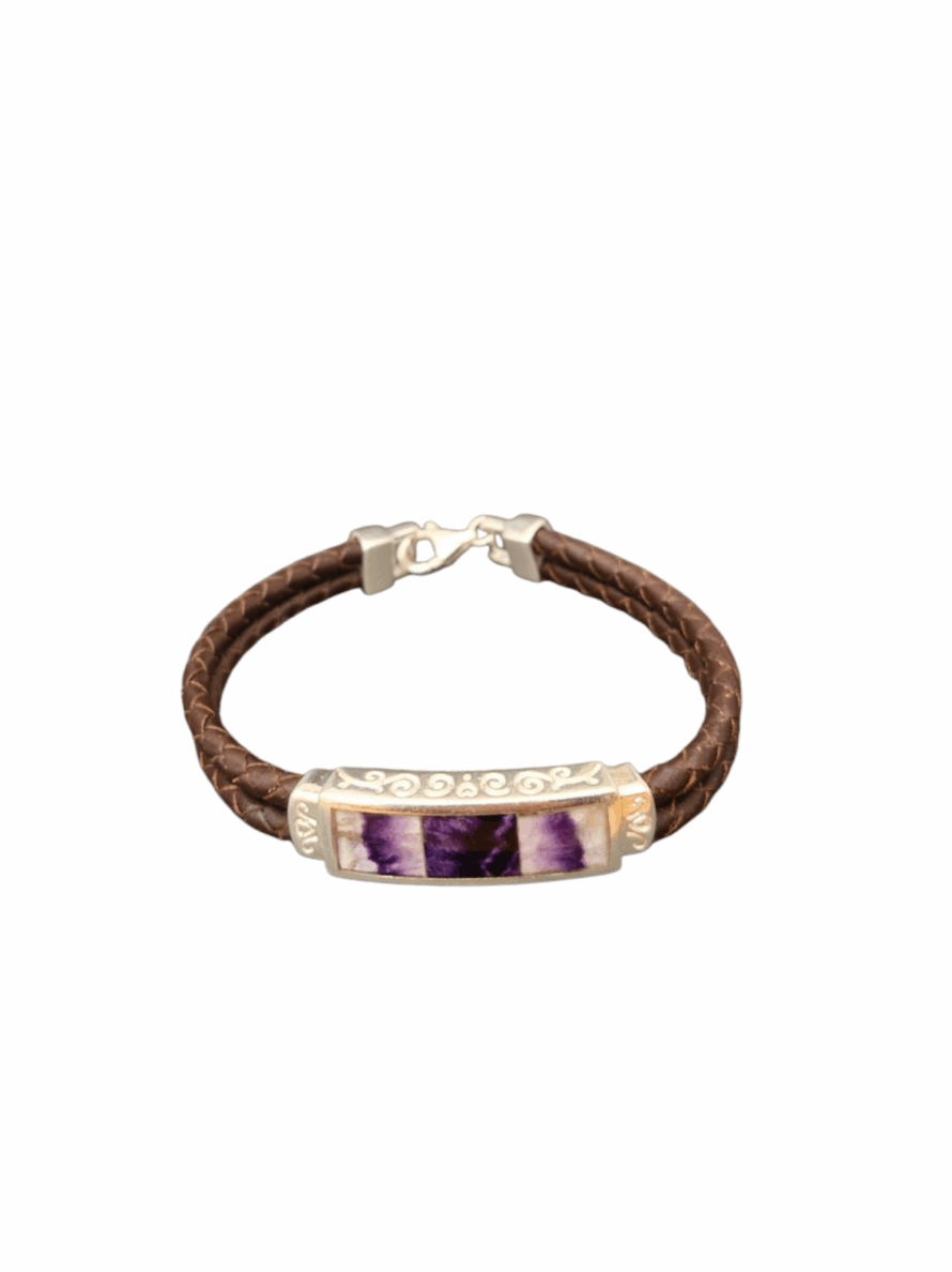 Blue John and Sterling Silver Brown Leather Bracelet