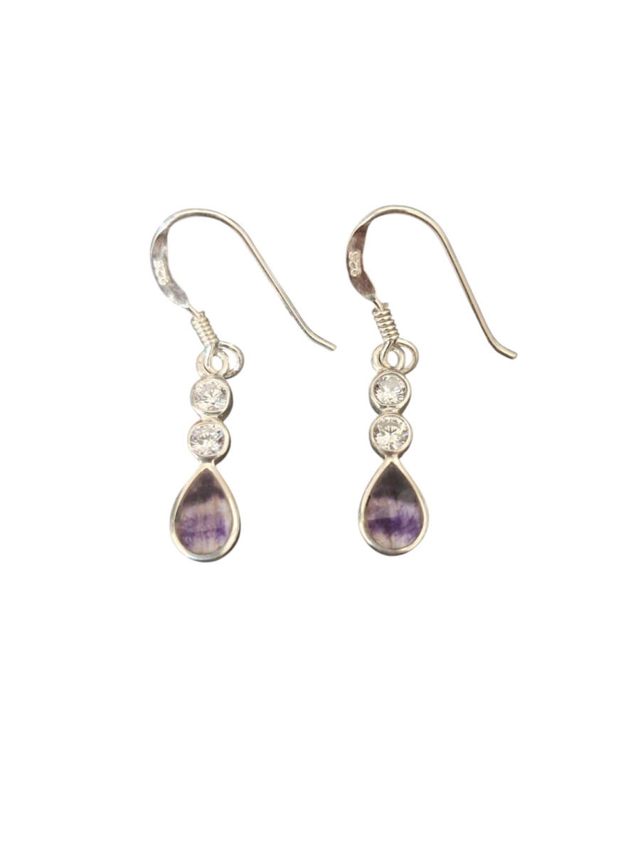Sterling Silver and Blue John Teardrop Drop Earrings with Cubic Zirconia