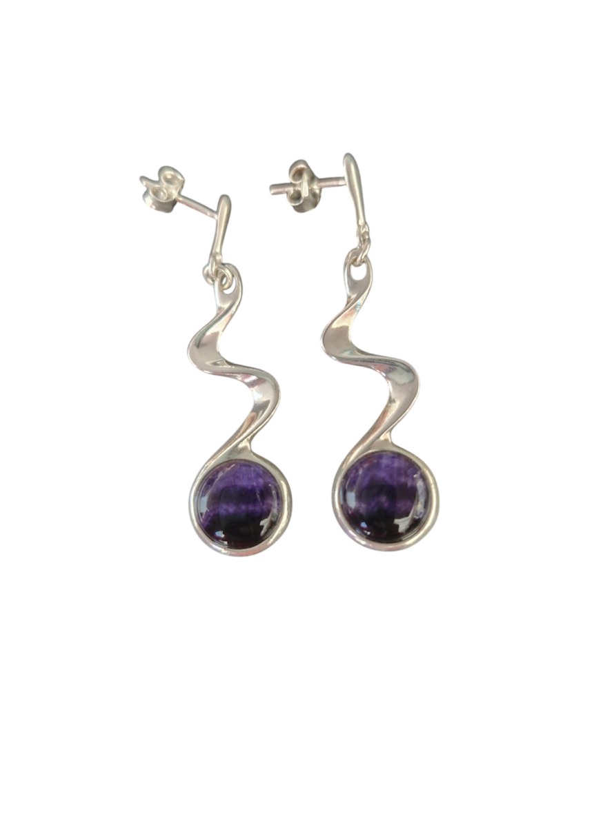 Sterling Silver and Blue John Swirl Design Drop Earrings