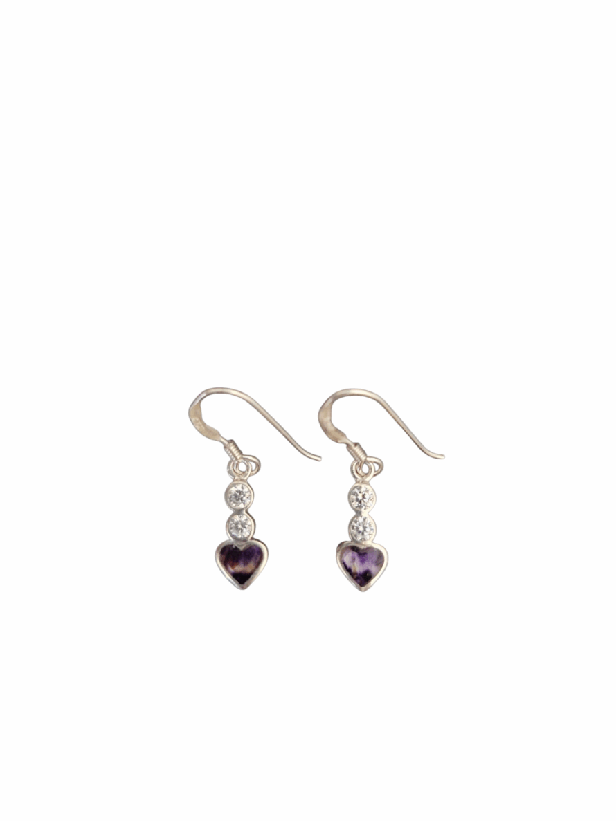 Blue John and Sterling Silver Heart Shaped Drop Earrings with Cubic Zirconia