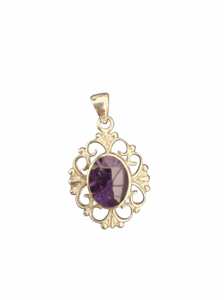 Blue John and Sterling Silver Oval Pendant with Ornate Surround