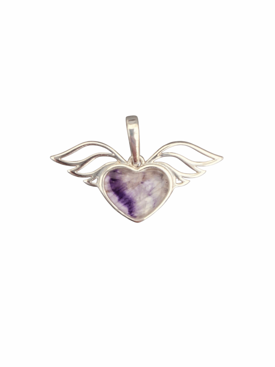 Sterling Silver and Blue John Heart Shaped Pendant with Angel Wings