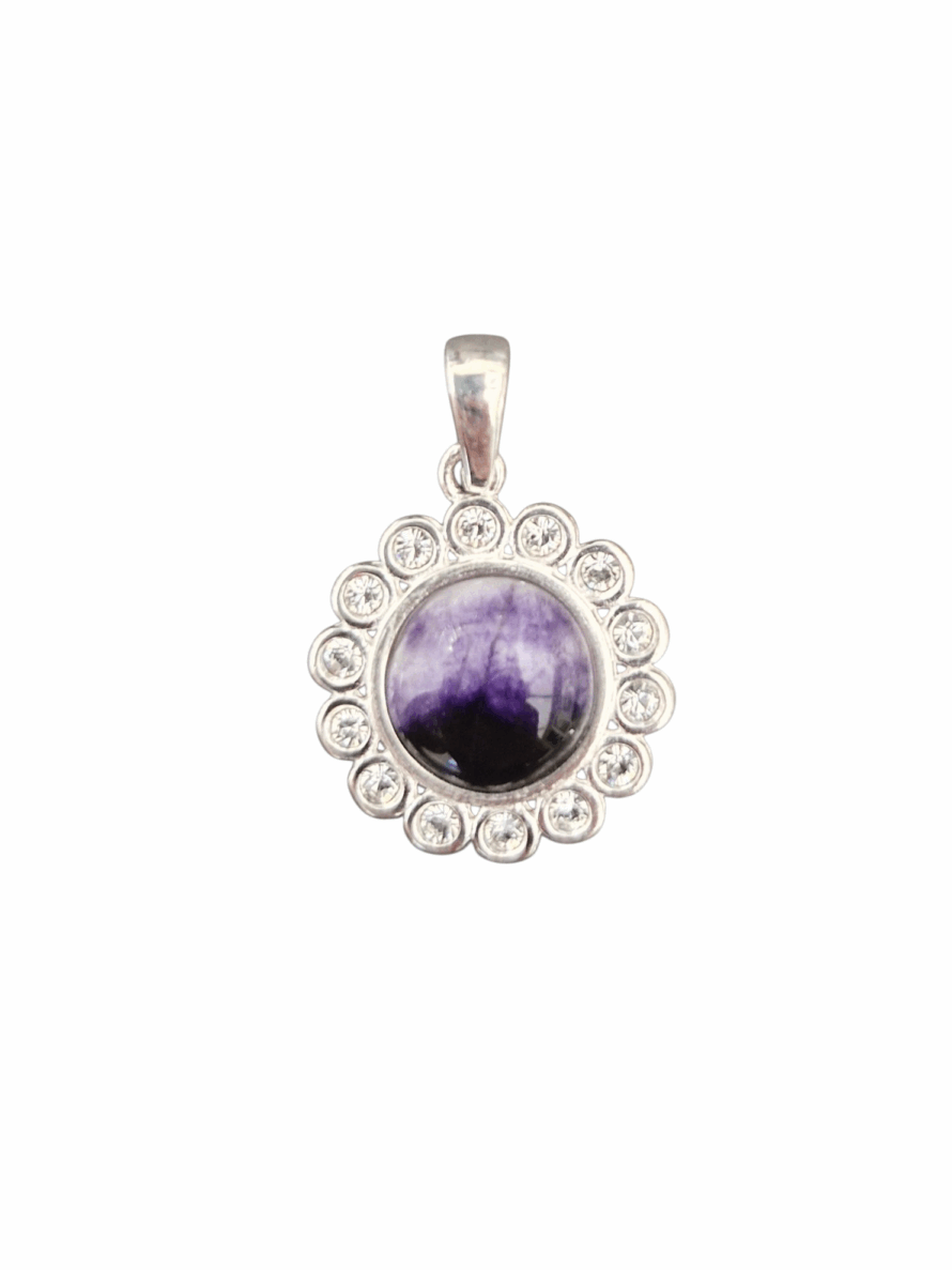 Blue John and Sterling Silver Round Pendant with Cubic Zirconia Surround