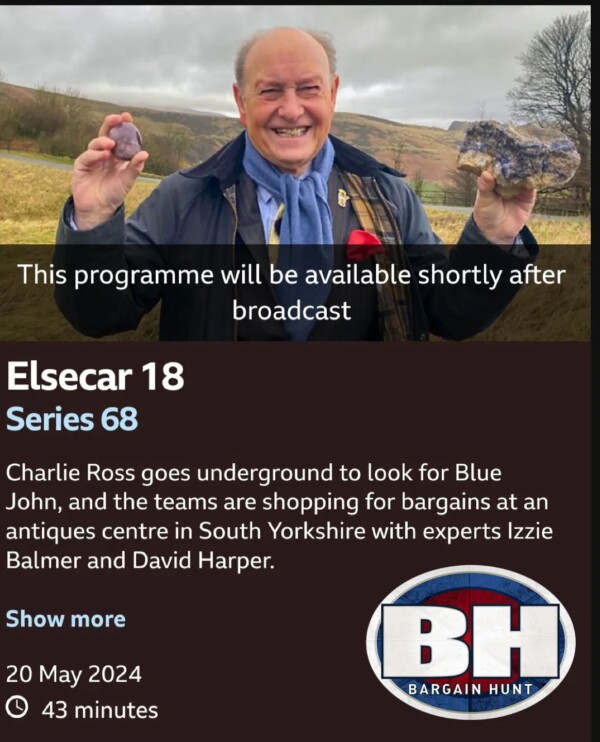 Dont forget this Monday 20th May! See Charlie Ross and our team down the Cavern and in the workshop!bluejohncavern bluejohn straightfromthemine bargainhunt filmcrew castleton peakdistrict
